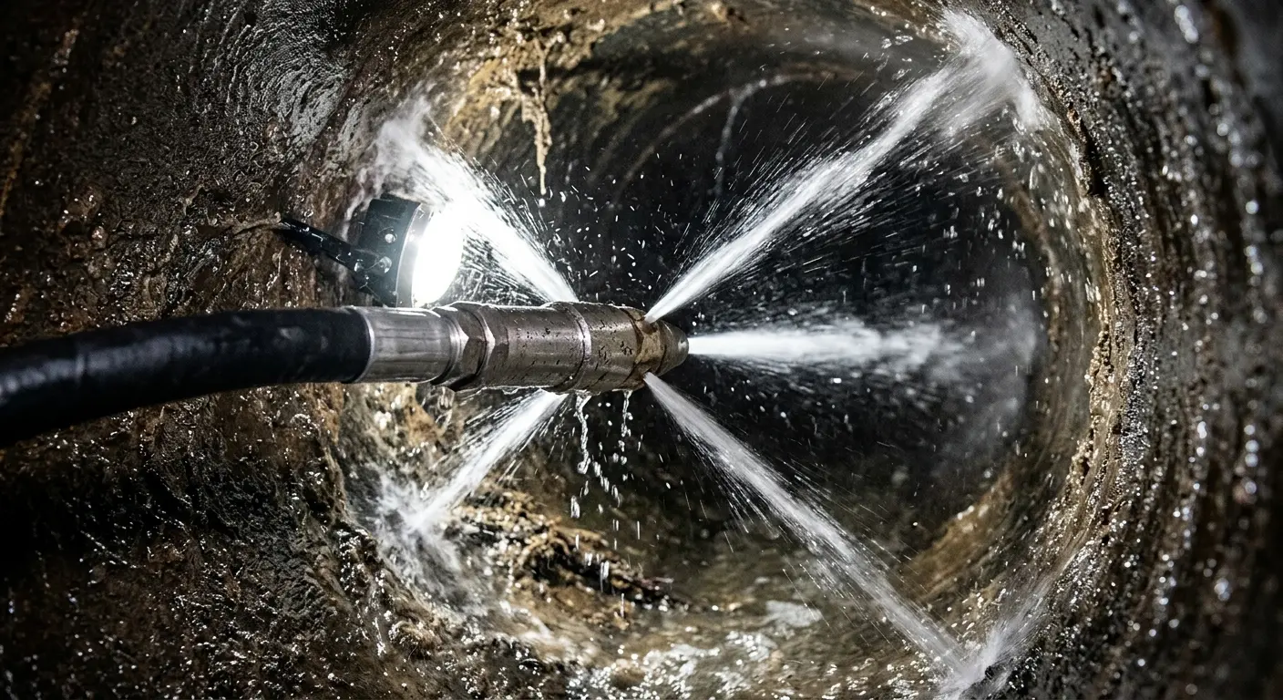 High-pressure hydro jetting nozzle cleaning sewer pipe for Trenchless Sewer Repair in Hamilton