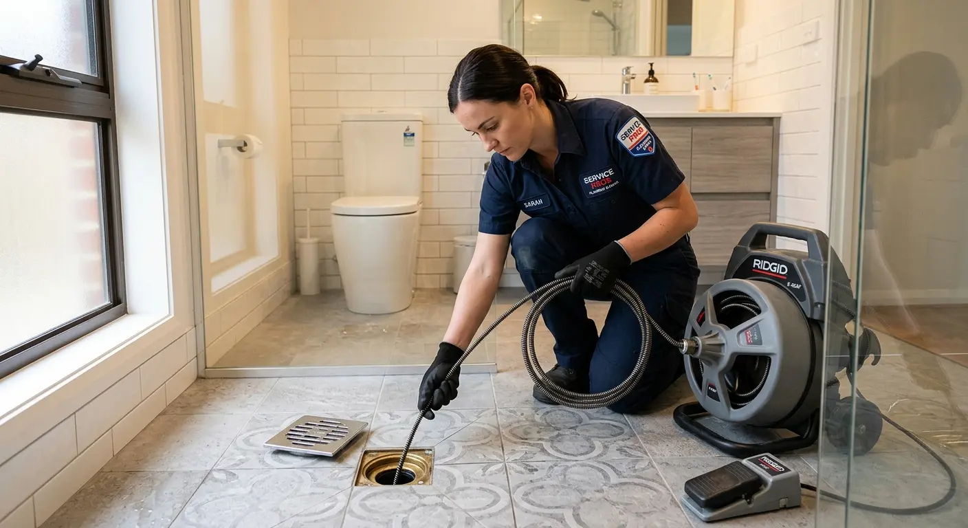 Technician clearing a bathroom floor drain for Drain Cleaning in Hamilton